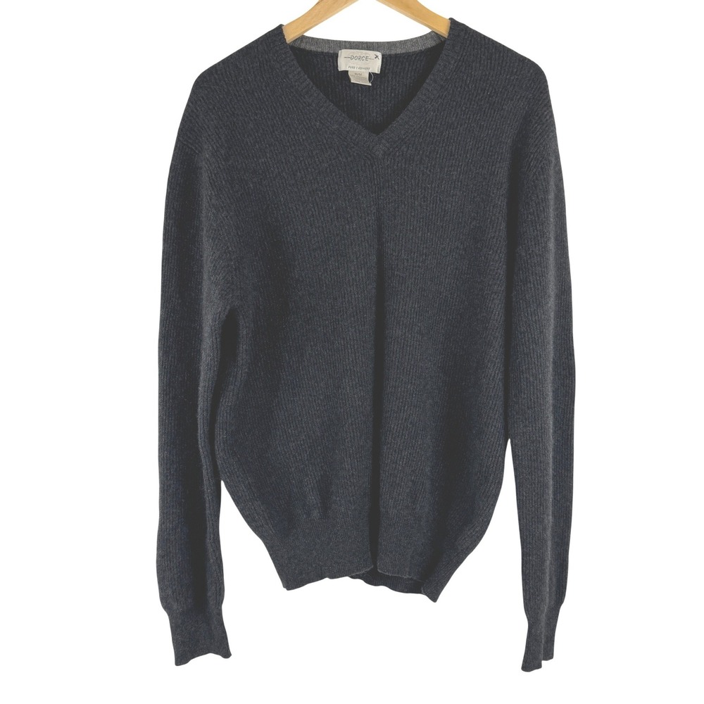 VTG! Dorce Mens 100% Cashmere V-Neck Sweater Charcoal Gray Ribbed Knit Size M